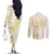 Gold and White Hawaii Couples Matching Off The Shoulder Long Sleeve Dress and Long Sleeve Button Shirt Hammerhead Shark Tattoo Curve Polynesian - Polynesian Pride