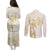 Gold and White Hawaii Couples Matching Puletasi and Long Sleeve Button Shirt Hammerhead Shark Tattoo Curve Polynesian - Polynesian Pride