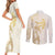 Gold and White Hawaii Couples Matching Short Sleeve Bodycon Dress and Long Sleeve Button Shirt Hammerhead Shark Tattoo Curve Polynesian - Polynesian Pride