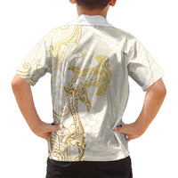 Gold and White Hawaii Family Matching Long Sleeve Bodycon Dress and Hawaiian Shirt Hammerhead Shark Tattoo Curve Polynesian LT14 - Polynesian Pride