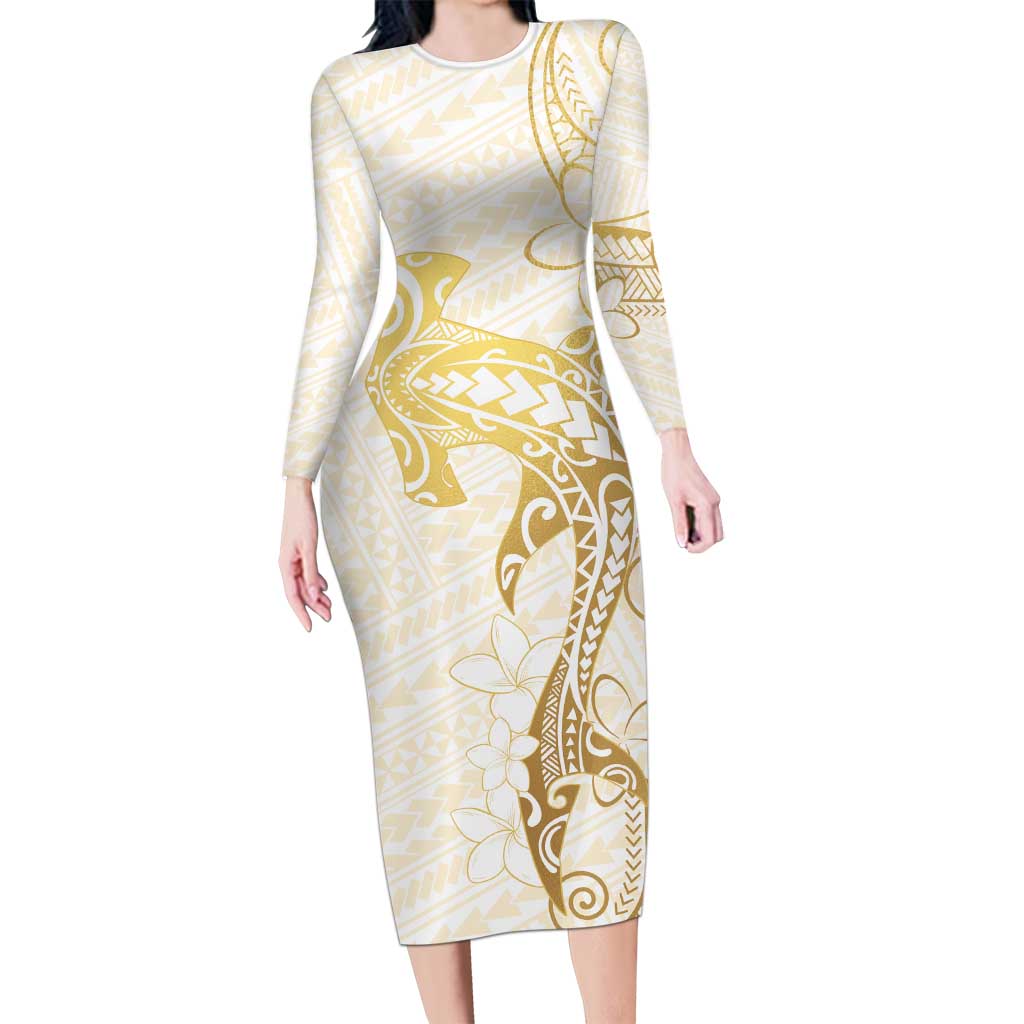 Gold and White Hawaii Family Matching Long Sleeve Bodycon Dress and Hawaiian Shirt Hammerhead Shark Tattoo Curve Polynesian LT14 Mom's Dress White - Polynesian Pride