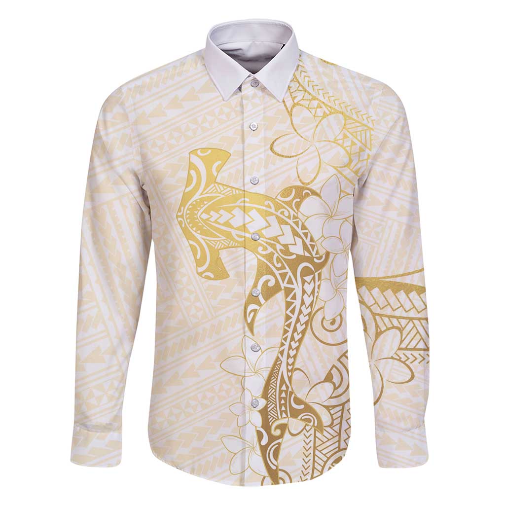 Gold and White Hawaii Family Matching Mermaid Dress and Hawaiian Shirt Hammerhead Shark Tattoo Curve Polynesian LT14 Dad's Shirt - Long Sleeve White - Polynesian Pride