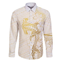 Gold and White Hawaii Family Matching Mermaid Dress and Hawaiian Shirt Hammerhead Shark Tattoo Curve Polynesian LT14 Dad's Shirt - Long Sleeve White - Polynesian Pride