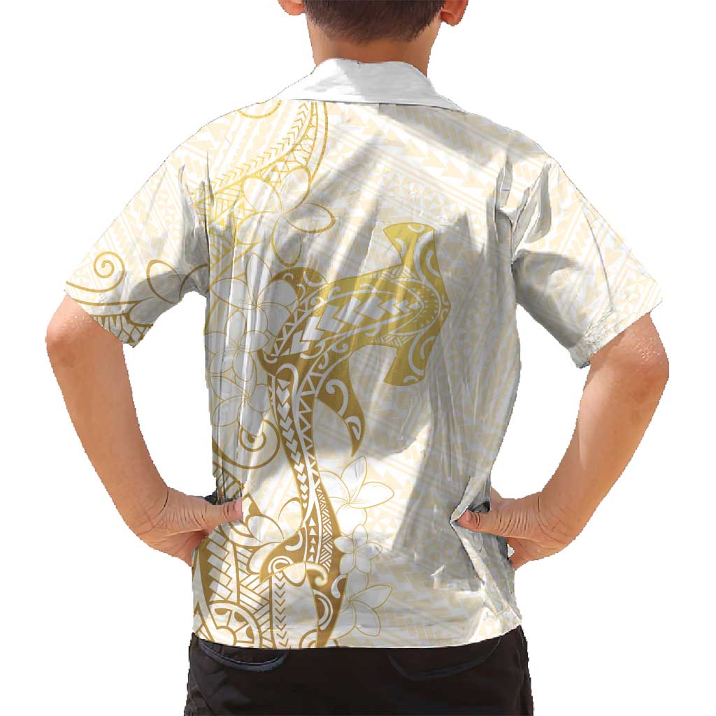 Gold and White Hawaii Family Matching Puletasi and Hawaiian Shirt Hammerhead Shark Tattoo Curve Polynesian - Polynesian Pride