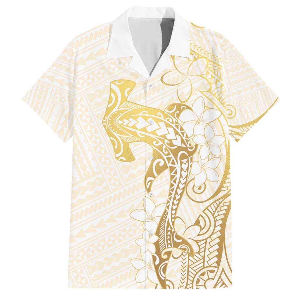 Gold and White Hawaii Family Matching Puletasi and Hawaiian Shirt Hammerhead Shark Tattoo Curve Polynesian - Polynesian Pride