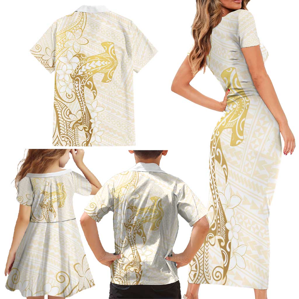 Gold and White Hawaii Family Matching Short Sleeve Bodycon Dress and Hawaiian Shirt Hammerhead Shark Tattoo Curve Polynesian LT14 - Polynesian Pride