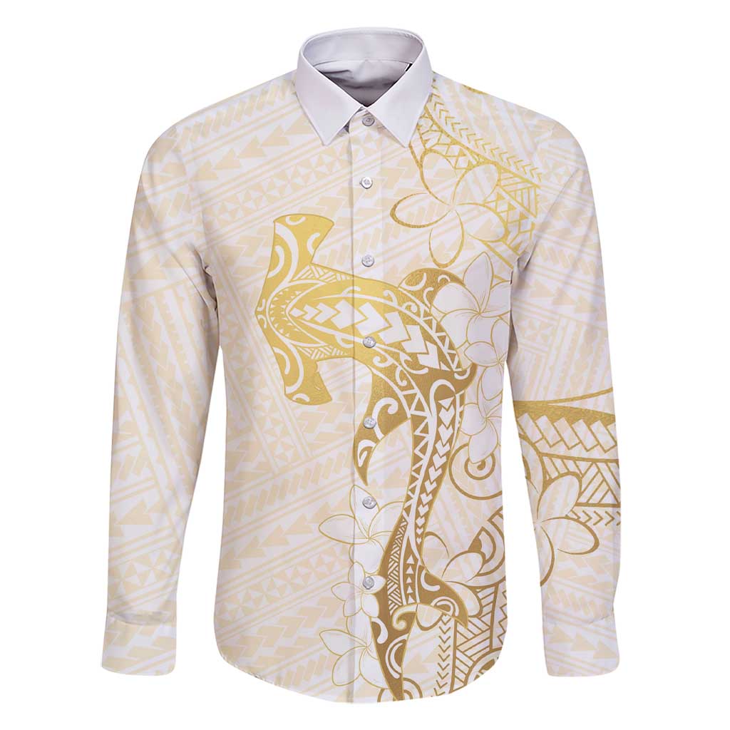 Gold and White Hawaii Family Matching Short Sleeve Bodycon Dress and Hawaiian Shirt Hammerhead Shark Tattoo Curve Polynesian LT14 Dad's Shirt - Long Sleeve White - Polynesian Pride