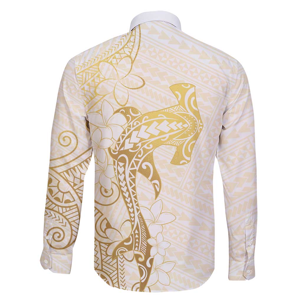 Gold and White Hawaii Family Matching Short Sleeve Bodycon Dress and Hawaiian Shirt Hammerhead Shark Tattoo Curve Polynesian LT14 - Polynesian Pride