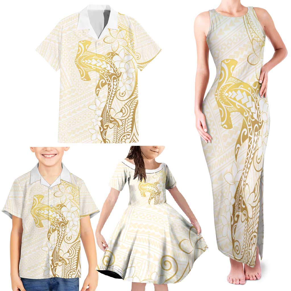 Gold and White Hawaii Family Matching Tank Maxi Dress and Hawaiian Shirt Hammerhead Shark Tattoo Curve Polynesian - Polynesian Pride