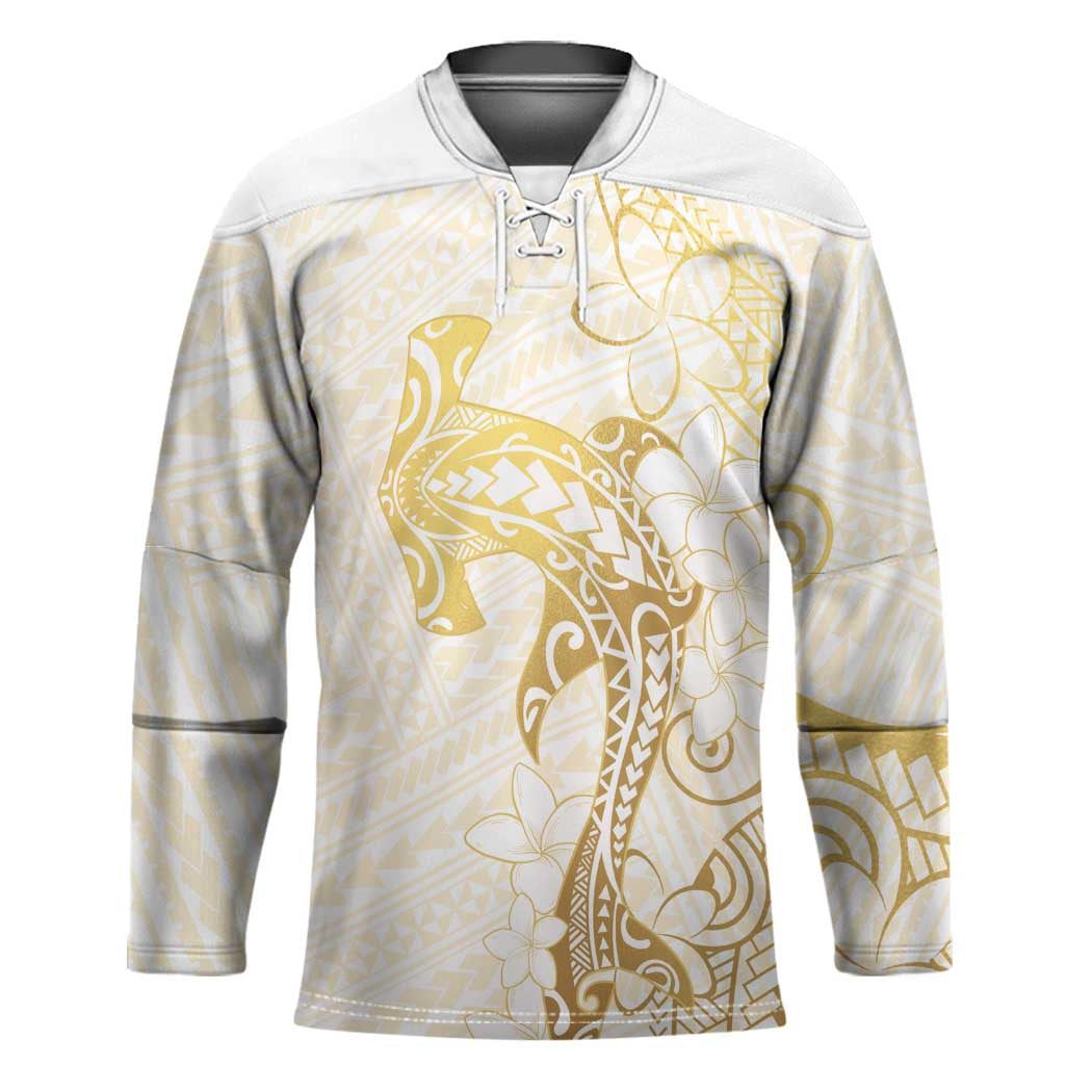 Gold and White Hawaii Hockey Jersey Hammerhead Shark Tattoo Curve Polynesian - Polynesian Pride
