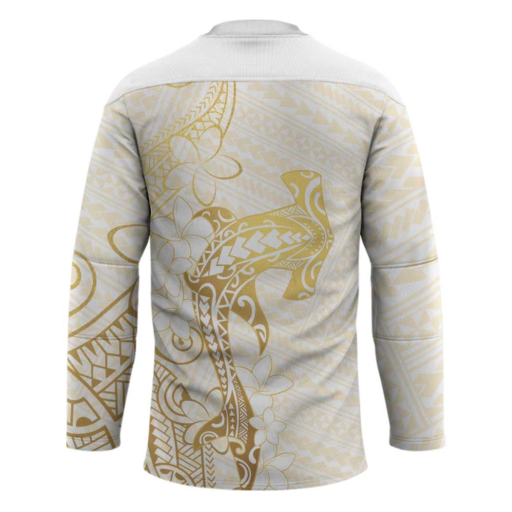 Gold and White Hawaii Hockey Jersey Hammerhead Shark Tattoo Curve Polynesian - Polynesian Pride