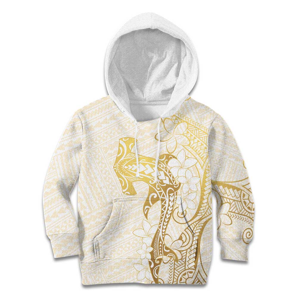 Gold and White Hawaii Kid Hoodie Hammerhead Shark Tattoo Curve Polynesian - Polynesian Pride