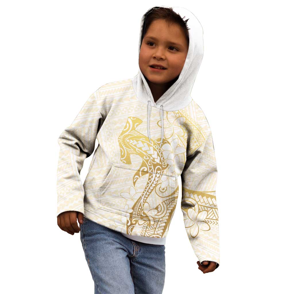Gold and White Hawaii Kid Hoodie Hammerhead Shark Tattoo Curve Polynesian - Polynesian Pride