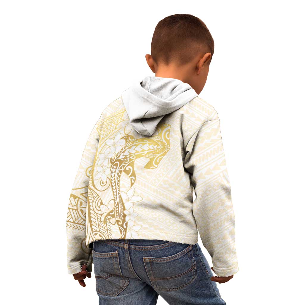 Gold and White Hawaii Kid Hoodie Hammerhead Shark Tattoo Curve Polynesian - Polynesian Pride