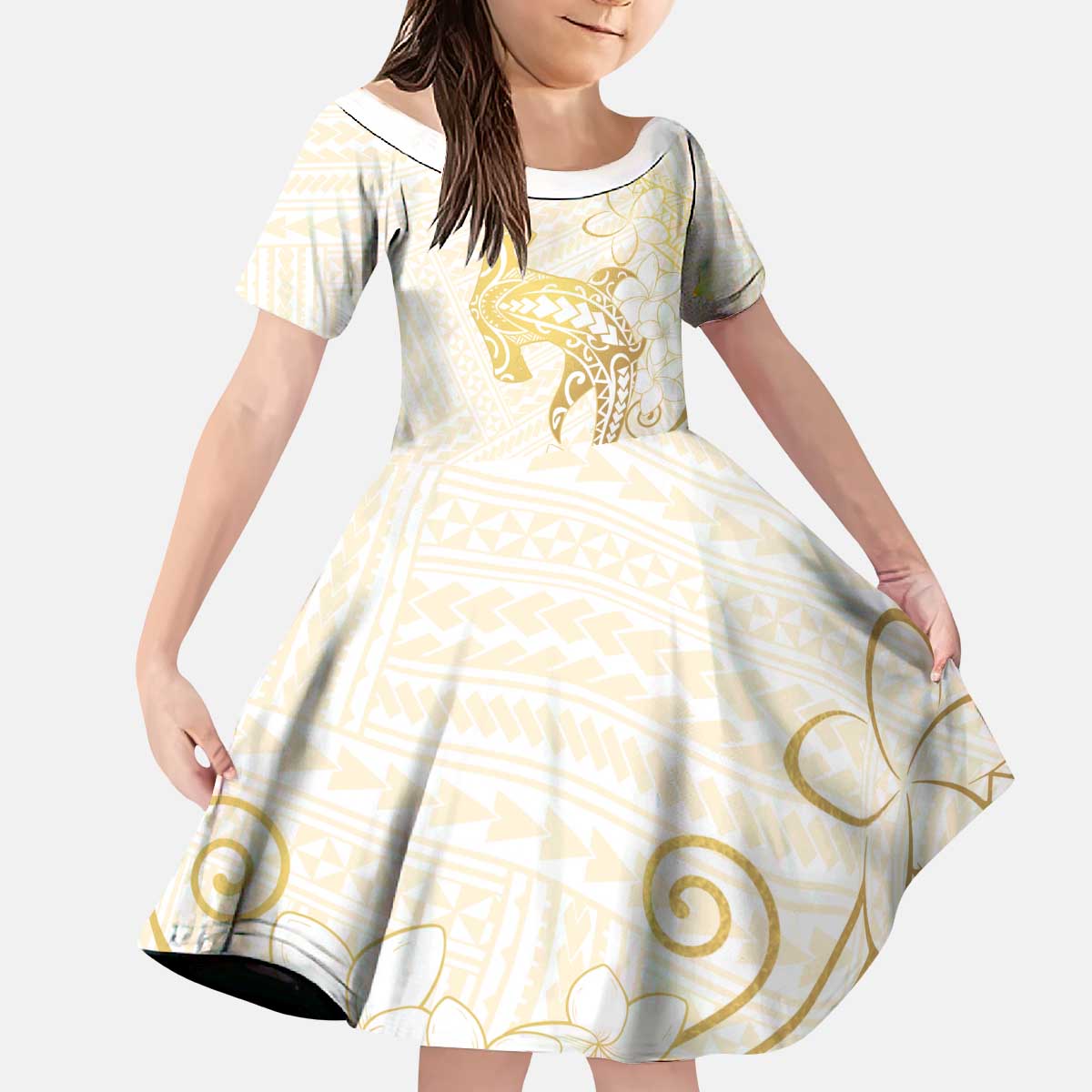 Gold and White Hawaii Kid Short Sleeve Dress Hammerhead Shark Tattoo Curve Polynesian - Polynesian Pride