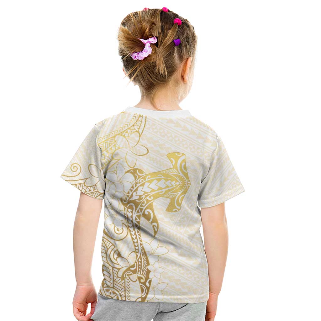 Gold and White Hawaii Kid T Shirt Hammerhead Shark Tattoo Curve Polynesian - Polynesian Pride