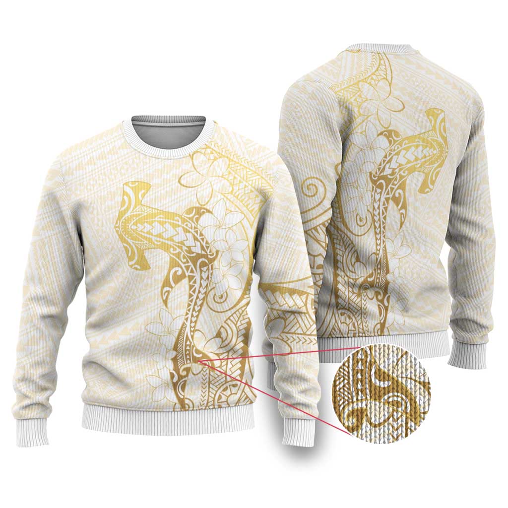 Gold and White Hawaii Ugly Christmas Sweater Hammerhead Shark Tattoo Curve Polynesian - Polynesian Pride