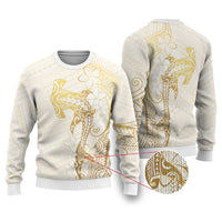 Gold and White Hawaii Ugly Christmas Sweater Hammerhead Shark Tattoo Curve Polynesian - Polynesian Pride