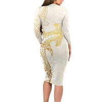 Gold and White Hawaii Long Sleeve Bodycon Dress Hammerhead Shark Tattoo Curve Polynesian - Polynesian Pride