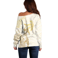 Gold and White Hawaii Off Shoulder Sweater Hammerhead Shark Tattoo Curve Polynesian - Polynesian Pride