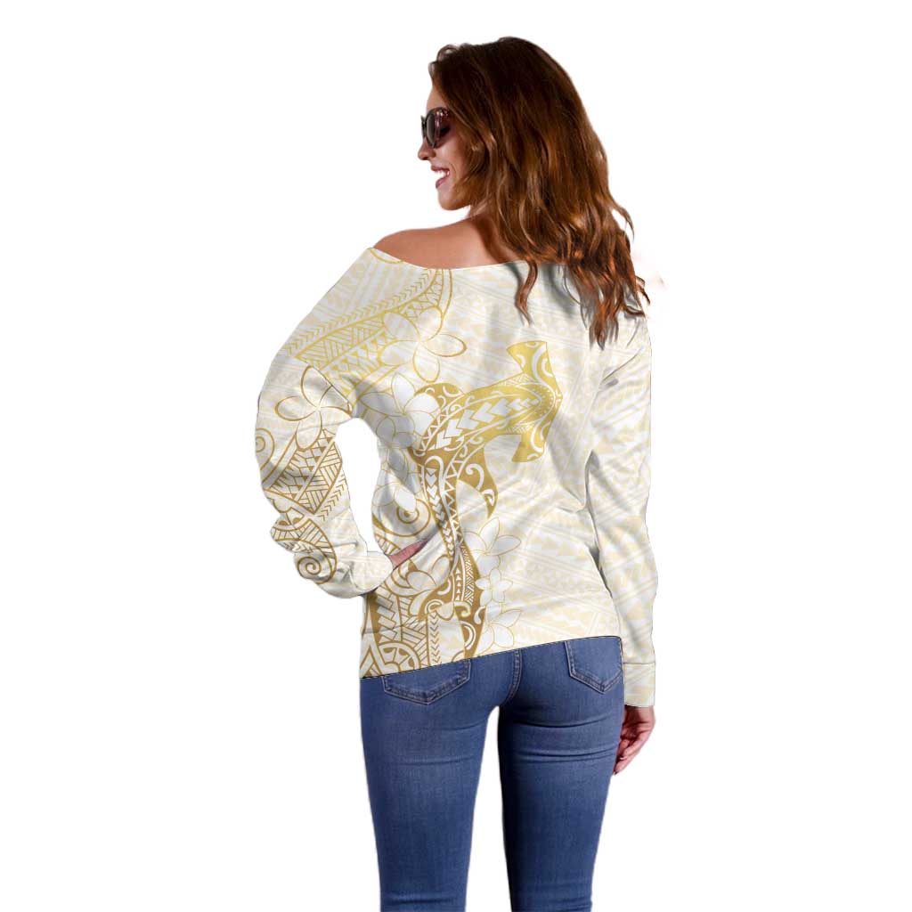Gold and White Hawaii Off Shoulder Sweater Hammerhead Shark Tattoo Curve Polynesian - Polynesian Pride