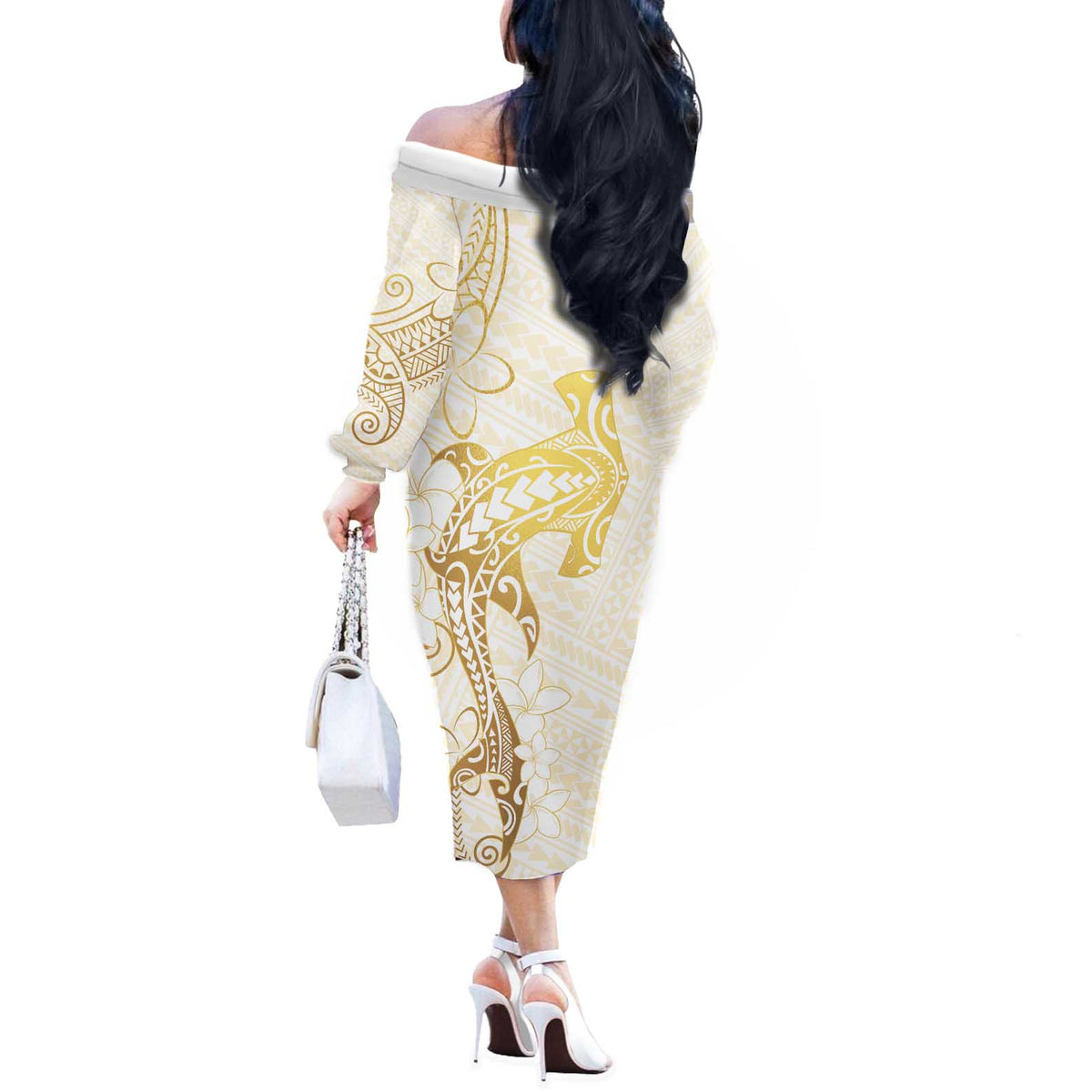 Gold and White Hawaii Off The Shoulder Long Sleeve Dress Hammerhead Shark Tattoo Curve Polynesian - Polynesian Pride