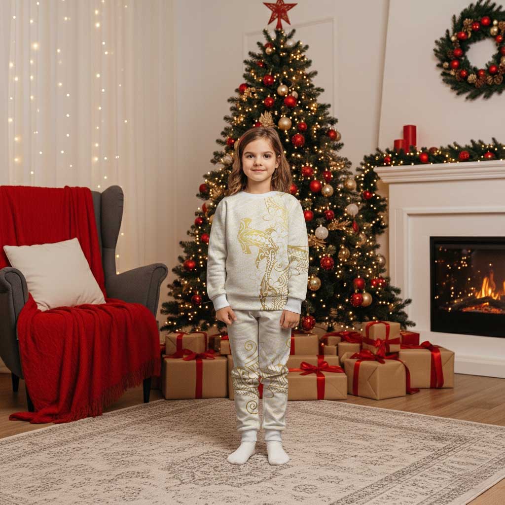 Gold and White Hawaii Christmas Pajama Set Hammerhead Shark Tattoo Curve Polynesian - Polynesian Pride