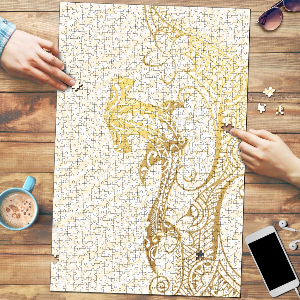 Gold and White Hawaii Puzzle Hammerhead Shark Tattoo Curve Polynesian LT14 White - Polynesian Pride