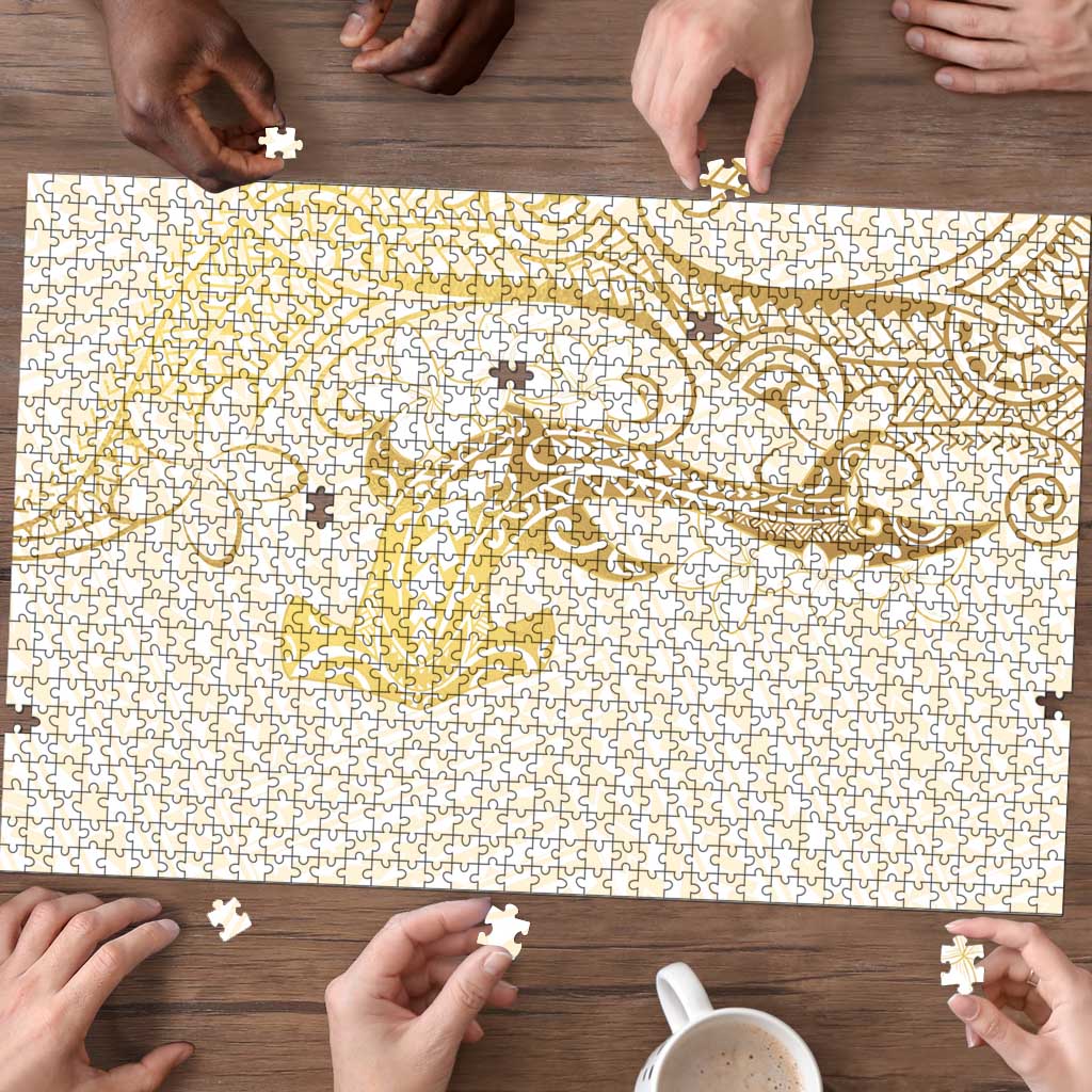 Gold and White Hawaii Puzzle Hammerhead Shark Tattoo Curve Polynesian LT14 - Polynesian Pride
