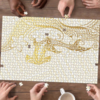 Gold and White Hawaii Puzzle Hammerhead Shark Tattoo Curve Polynesian LT14 - Polynesian Pride