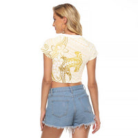 Gold and White Hawaii Raglan Cropped T Shirt Hammerhead Shark Tattoo Curve Polynesian - Polynesian Pride