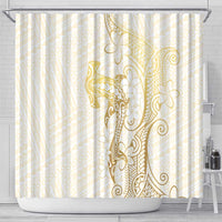 Gold and White Hawaii Shower Curtain Hammerhead Shark Tattoo Curve Polynesian - Polynesian Pride