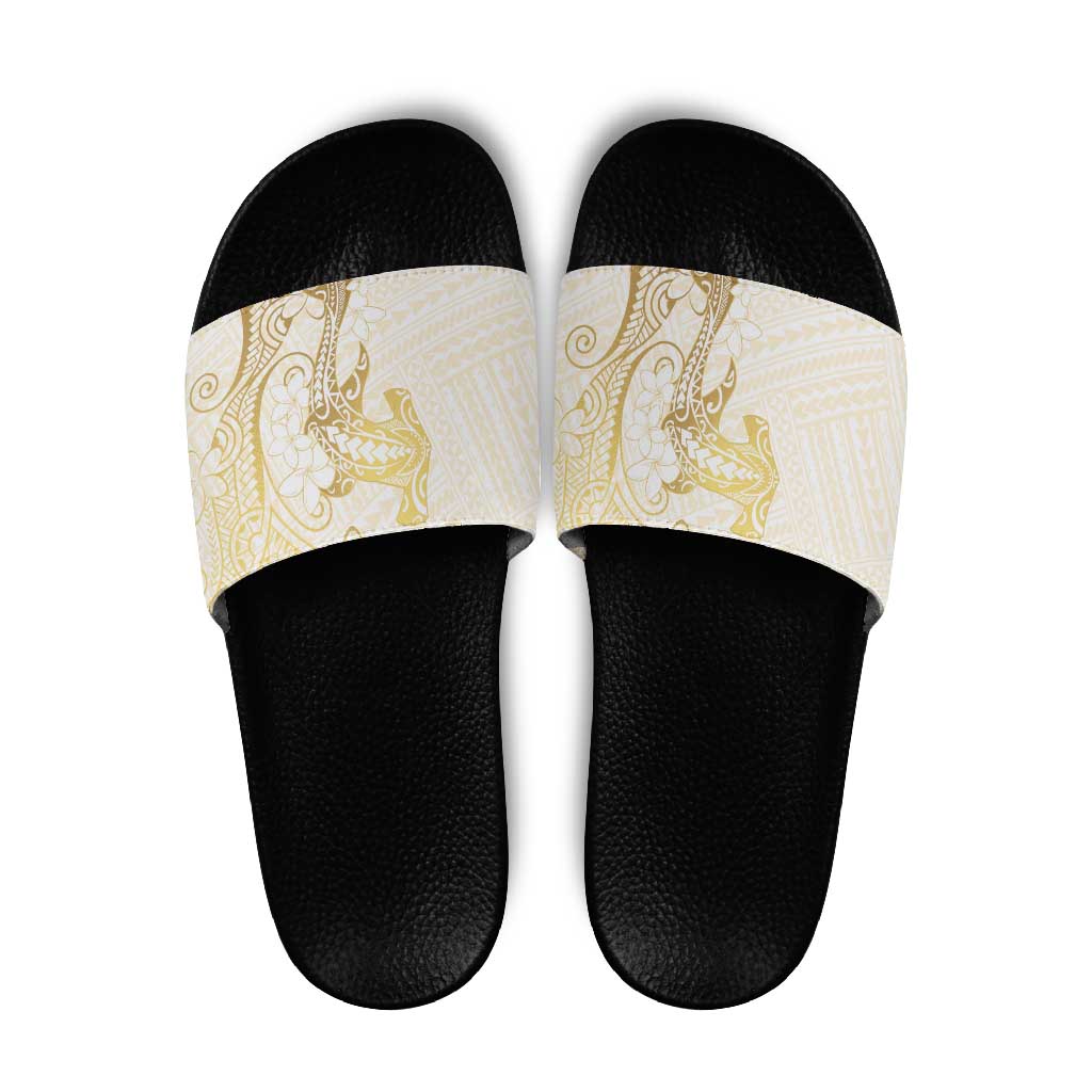 Gold and White Hawaii Slide Sandals Hammerhead Shark Tattoo Curve Polynesian - Polynesian Pride