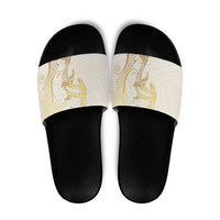 Gold and White Hawaii Slide Sandals Hammerhead Shark Tattoo Curve Polynesian - Polynesian Pride