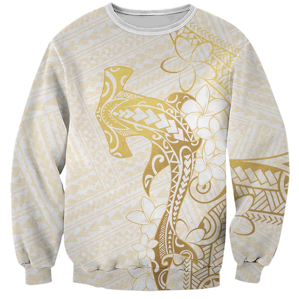 Gold and White Hawaii Sweatshirt Hammerhead Shark Tattoo Curve Polynesian - Polynesian Pride