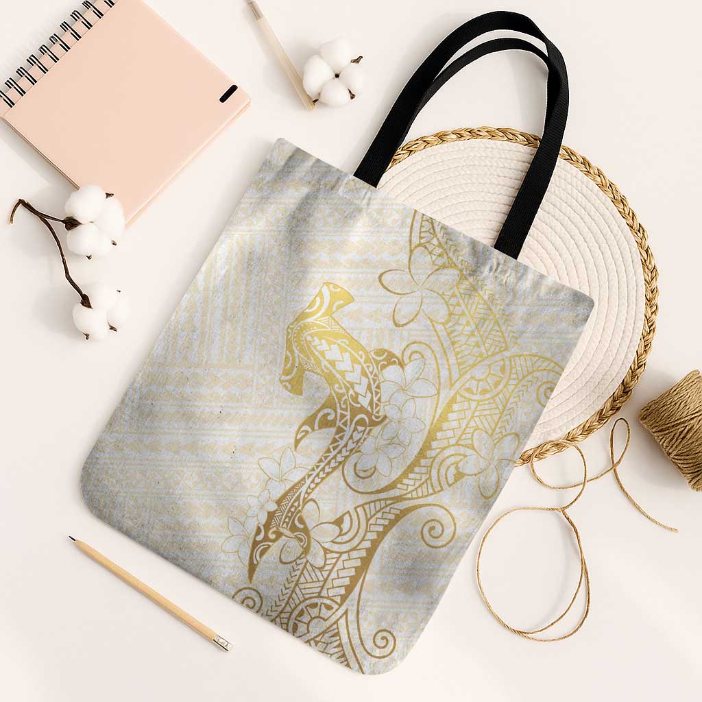 Gold and White Hawaii Tote Bag Hammerhead Shark Tattoo Curve Polynesian - Polynesian Pride