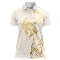 Gold and White Hawaii Women Polo Shirt Hammerhead Shark Tattoo Curve Polynesian LT14 Female White - Polynesian Pride