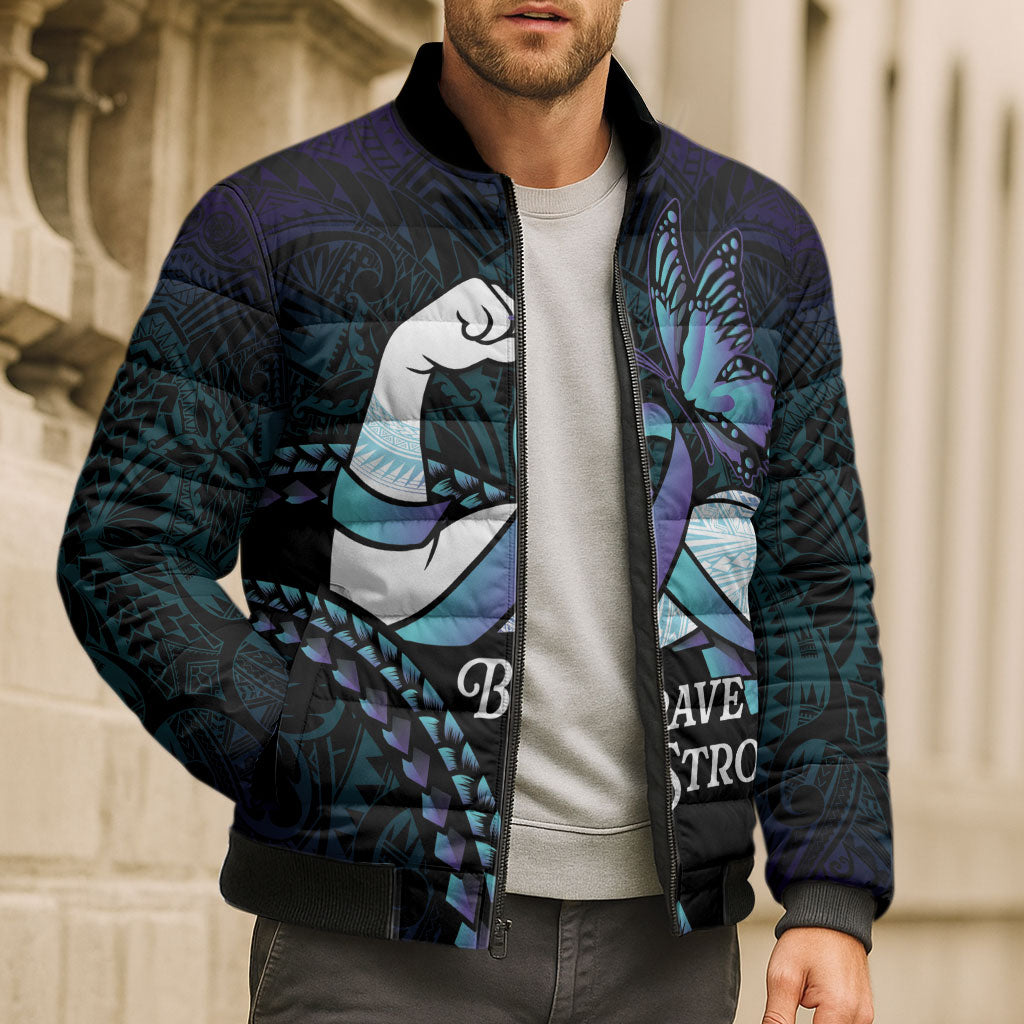 Personalised Polynesia Suicide Prevention Month Bomber Puffer Jacket Brave Strong Butterfly Teal Purple Ribbon