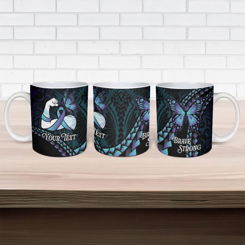 Personalised Polynesia Suicide Prevention Month Ceramic Mug Brave Strong Butterfly Teal Purple Ribbon