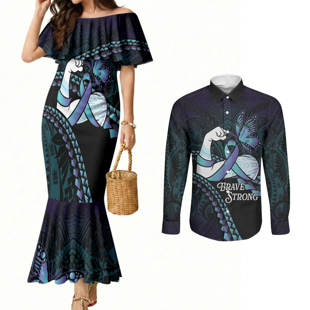 Personalised Polynesia Suicide Prevention Month Couples Matching Mermaid Dress and Long Sleeve Button Shirt Brave Strong Butterfly Teal Purple Ribbon