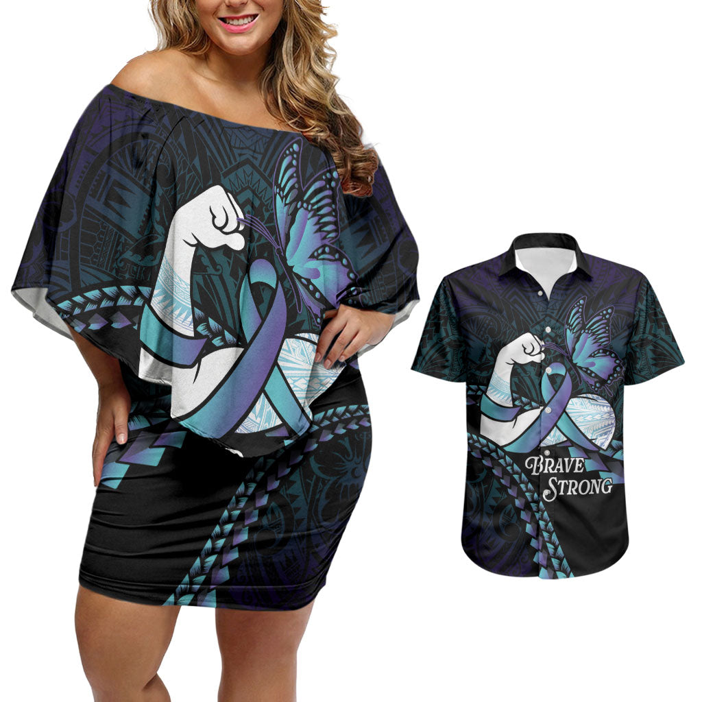 Personalised Polynesia Suicide Prevention Month Couples Matching Off Shoulder Short Dress and Hawaiian Shirt Brave Strong Butterfly Teal Purple Ribbon