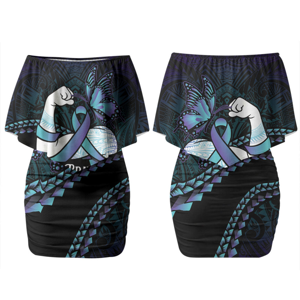 Personalised Polynesia Suicide Prevention Month Couples Matching Off Shoulder Short Dress and Hawaiian Shirt Brave Strong Butterfly Teal Purple Ribbon