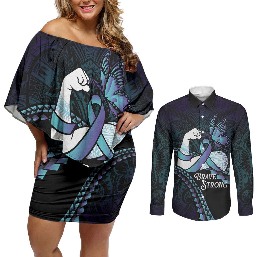Personalised Polynesia Suicide Prevention Month Couples Matching Off Shoulder Short Dress and Long Sleeve Button Shirt Brave Strong Butterfly Teal Purple Ribbon