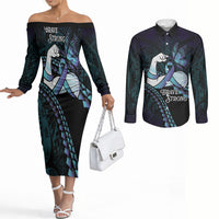 Personalised Polynesia Suicide Prevention Month Couples Matching Off The Shoulder Long Sleeve Dress and Long Sleeve Button Shirt Brave Strong Butterfly Teal Purple Ribbon