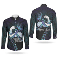 Personalised Polynesia Suicide Prevention Month Couples Matching Off The Shoulder Long Sleeve Dress and Long Sleeve Button Shirt Brave Strong Butterfly Teal Purple Ribbon