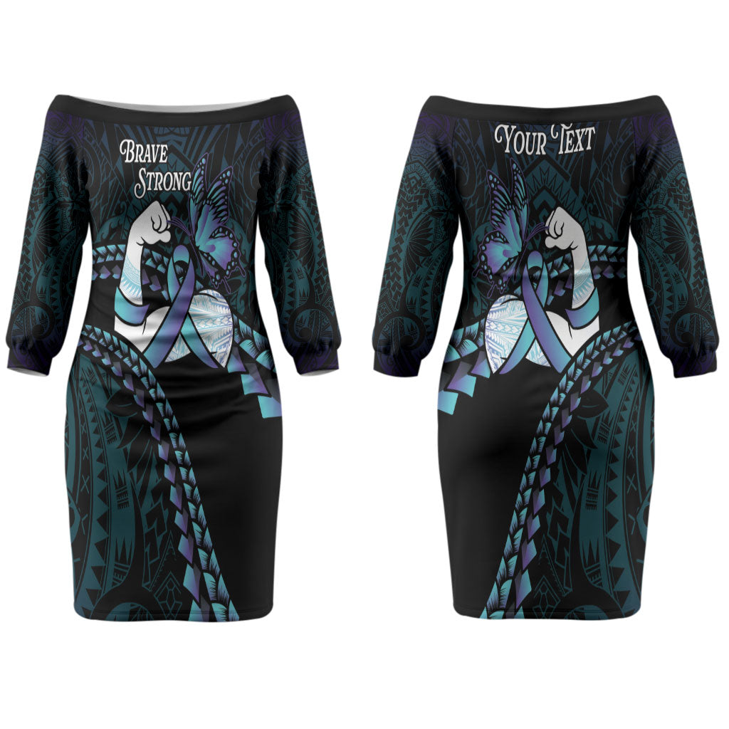 Personalised Polynesia Suicide Prevention Month Couples Matching Off The Shoulder Long Sleeve Dress and Long Sleeve Button Shirt Brave Strong Butterfly Teal Purple Ribbon