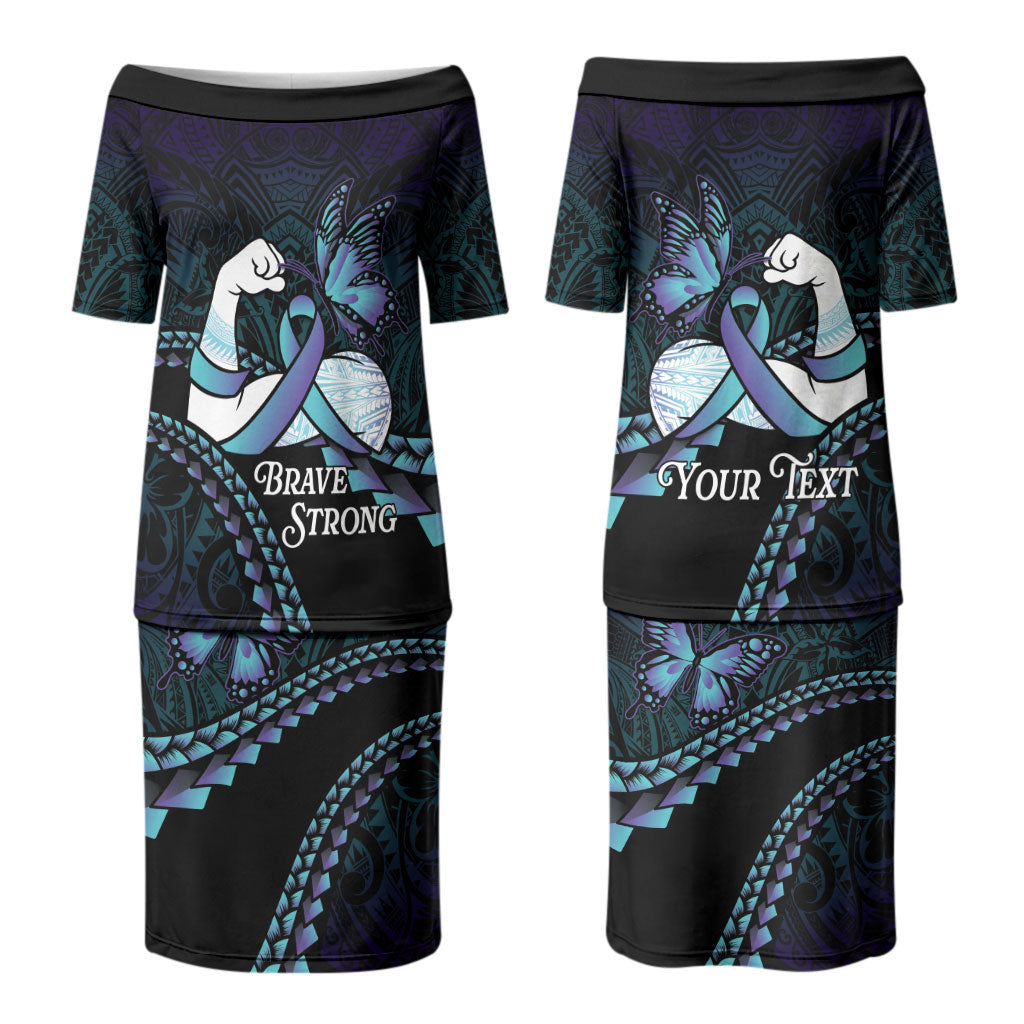 Personalised Polynesia Suicide Prevention Month Couples Matching Puletasi and Hawaiian Shirt Brave Strong Butterfly Teal Purple Ribbon