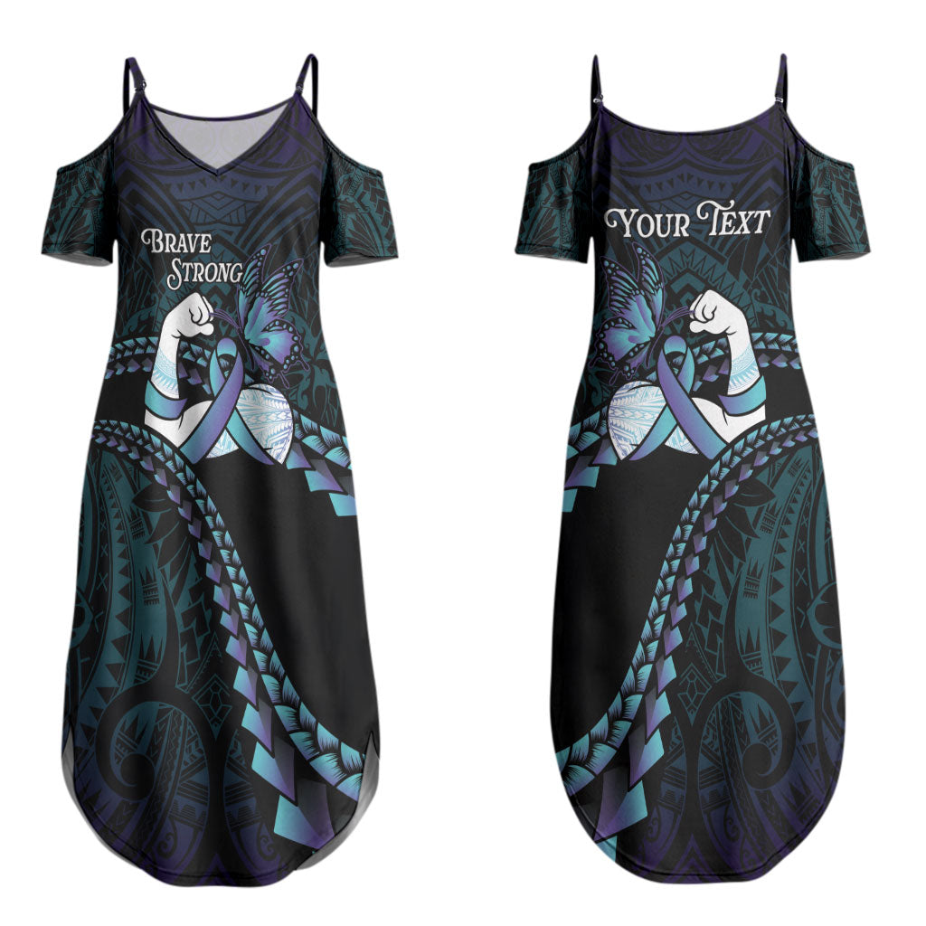 Personalised Polynesia Suicide Prevention Month Couples Matching Summer Maxi Dress and Hawaiian Shirt Brave Strong Butterfly Teal Purple Ribbon