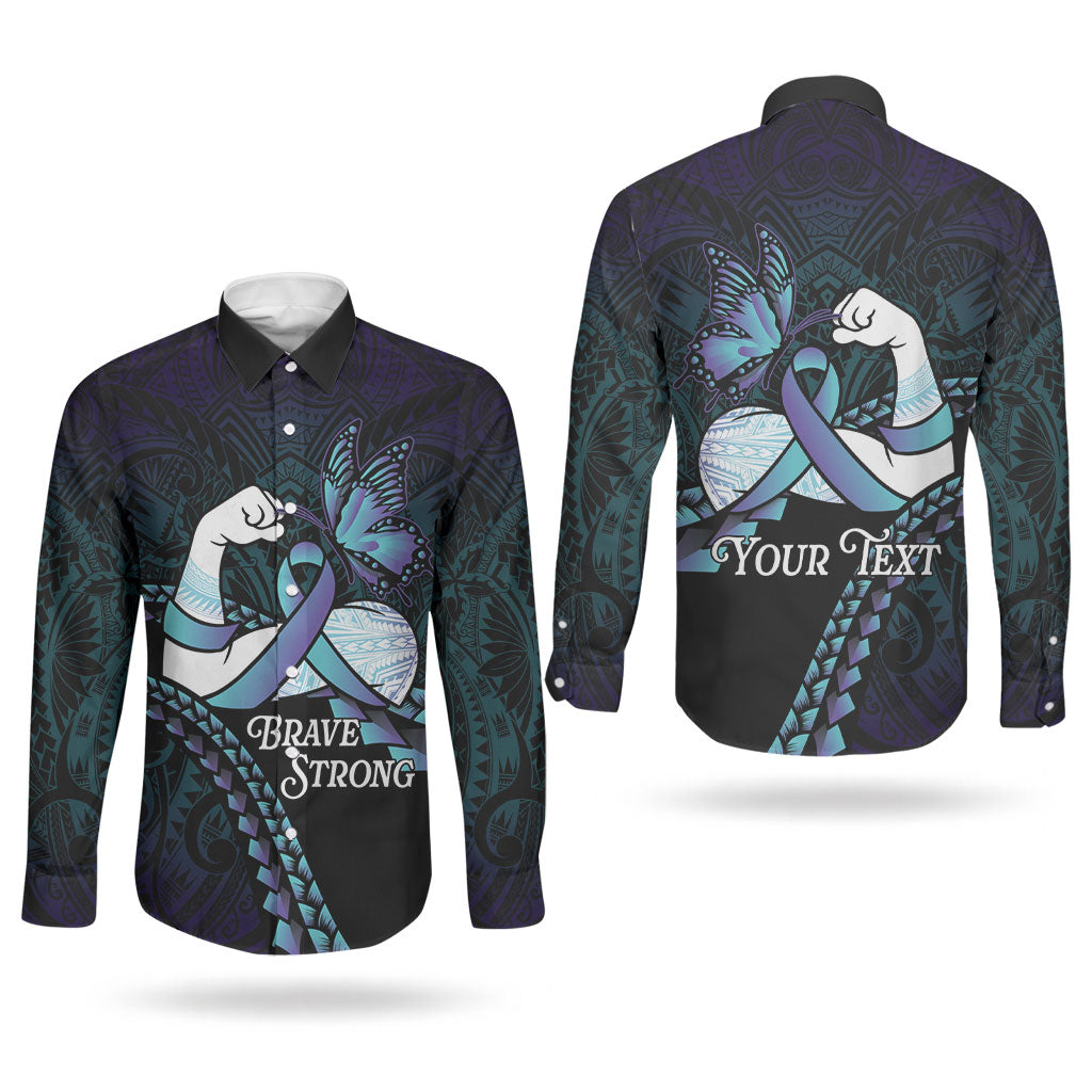 Personalised Polynesia Suicide Prevention Month Couples Matching Summer Maxi Dress and Long Sleeve Button Shirt Brave Strong Butterfly Teal Purple Ribbon