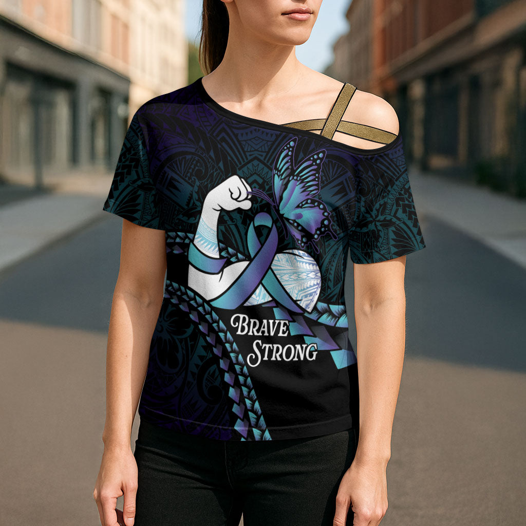 Personalised Polynesia Suicide Prevention Month Cross Shoulder Shirt Brave Strong Butterfly Teal Purple Ribbon